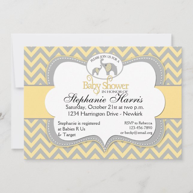Invitación Baby Shower elefante en Chevron amarillo y gris (Anverso)
