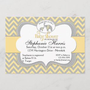 Invitación Baby Shower elefante en Chevron amarillo y gris