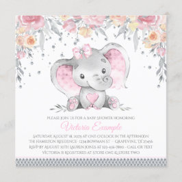 Invitación Baby Shower Elefante Gris Rosa Floral