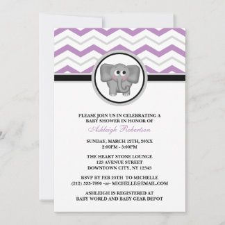 Invitación Baby Shower elefante morado Chevron gris