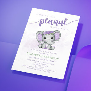 Invitación Baby Shower, elefante morado, pequeño Chica de cac