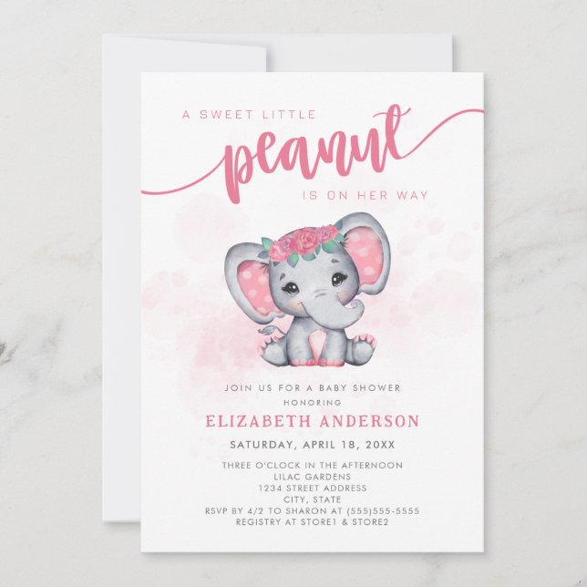 Invitación Baby Shower, elefante rosa pequeño Chica de cacahu (Anverso)