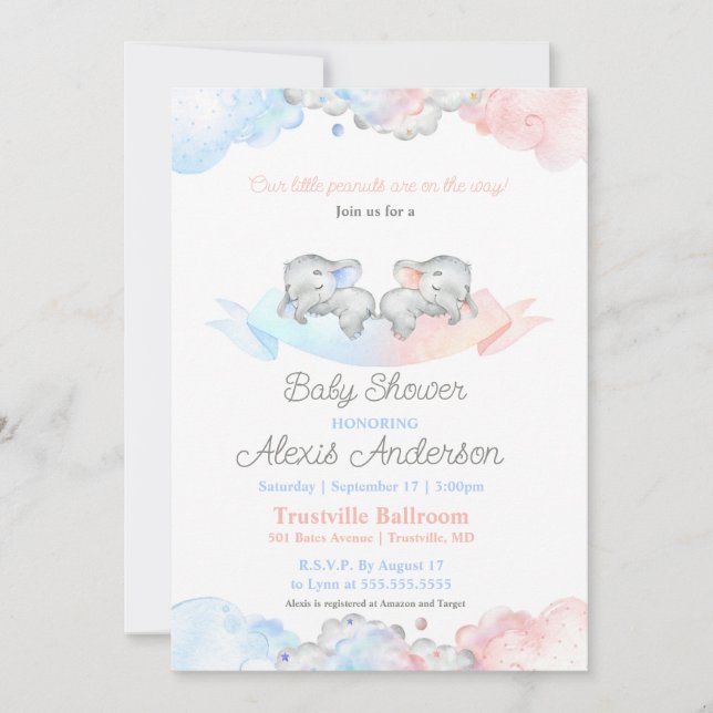 Invitación Baby Shower: Elefantes de gemelos durmientes para  (Anverso)