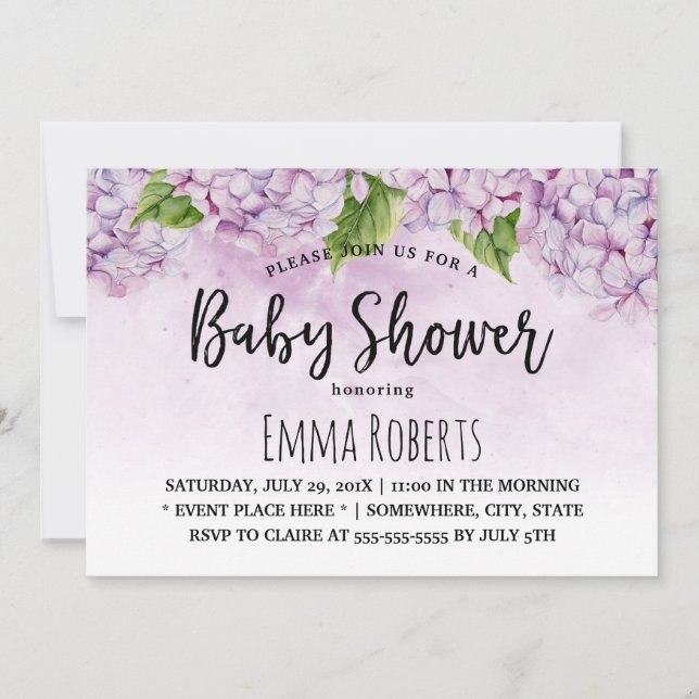 Invitación Baby Shower Elegant Purple Hydrangea Floral (Anverso)