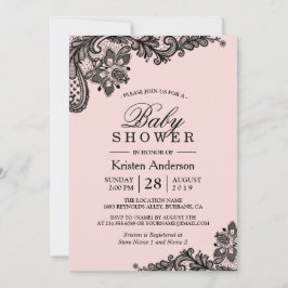 Invitación Baby Shower Elegant Rubor Rosa Black Lace
