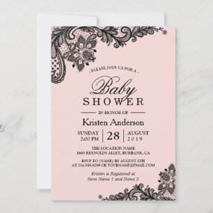 Invitación Baby Shower Elegant Rubor Rosa Black Lace