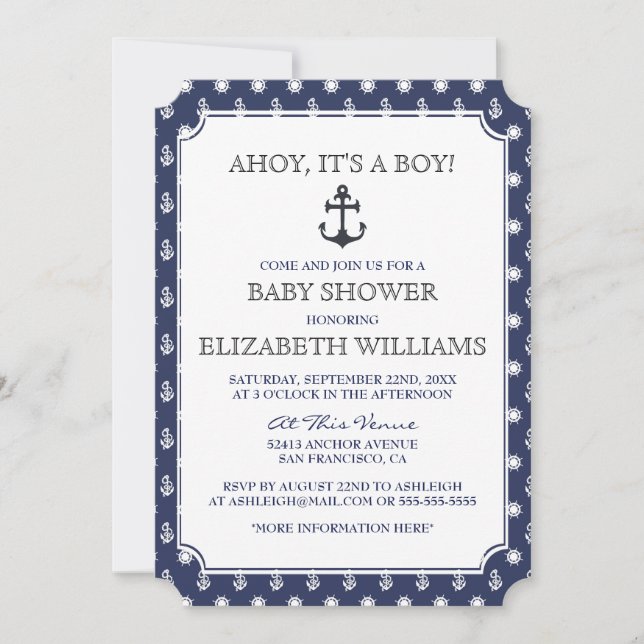 Invitación Baby Shower | Elegante Ancla Náutica de la Marina  (Anverso)