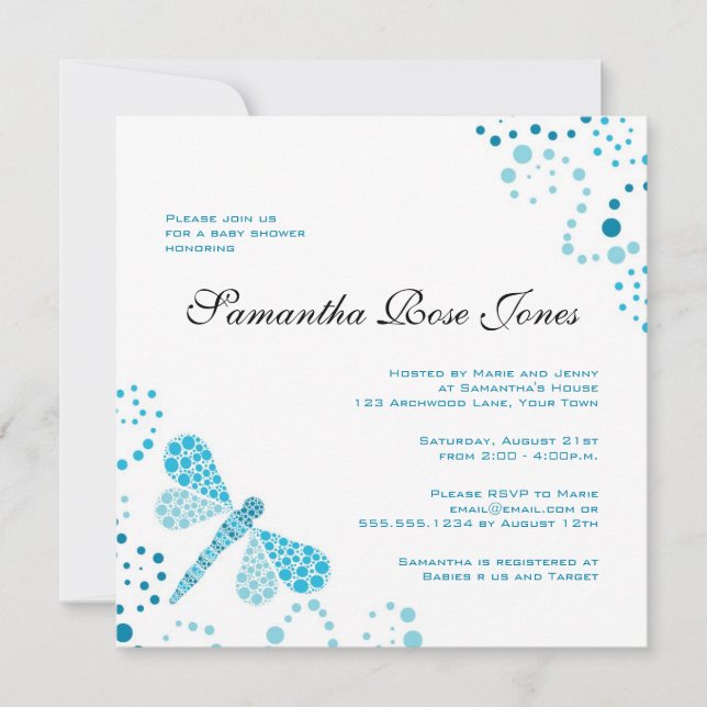 Invitación Baby Shower elegante azul y blanco (Anverso)