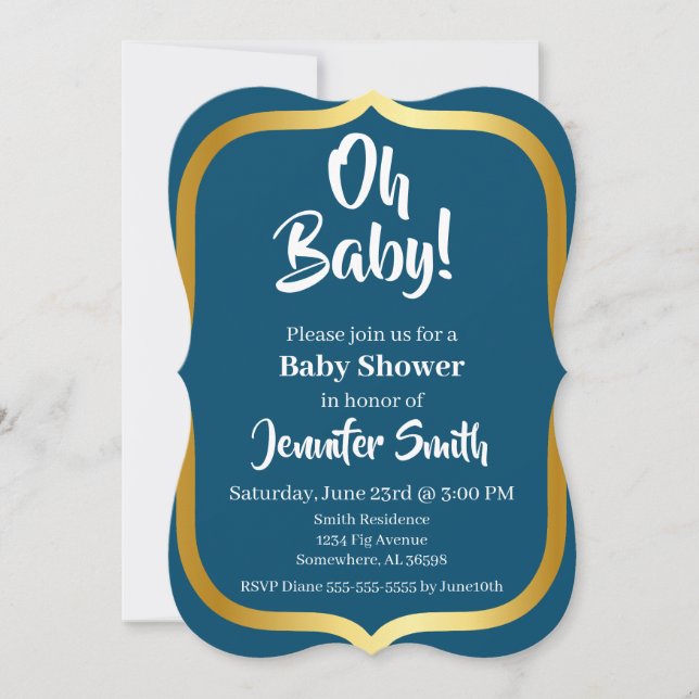 Invitación Baby Shower elegante azul y dorado (Anverso)