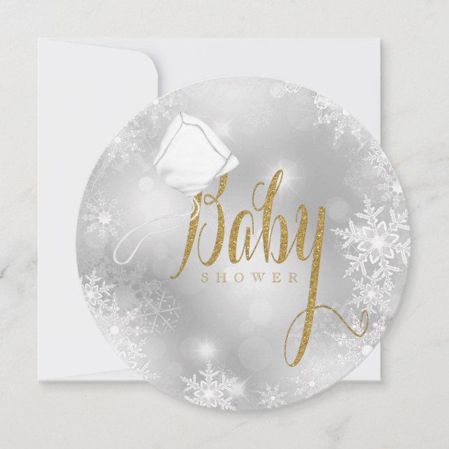 Invitación Baby Shower Elegante Blanco y Dorado de Copo de Ni (Anverso)