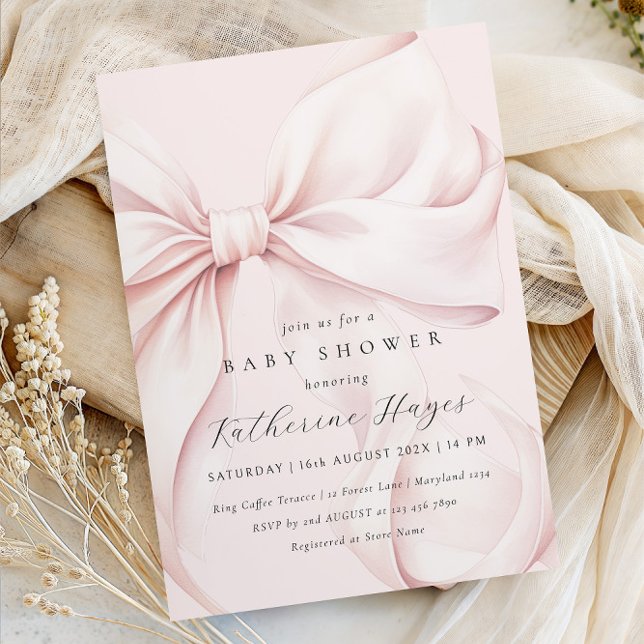 Invitación Baby Shower elegante Bow rosa (Subido por el creador)