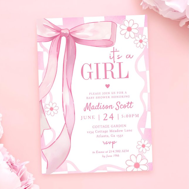 Invitación Baby Shower elegante Bow rosa (Subido por el creador)