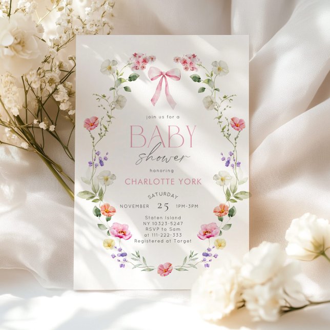 Invitación Baby Shower elegante con flores rosadas Bow (Subido por el creador)