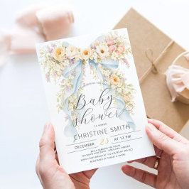 Invitación Baby Shower Elegante de Acuarela Floral con Lazo