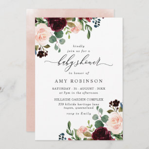 Invitación Baby Shower elegante de color de agua de Borgoña y