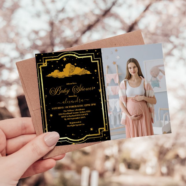 Invitación Baby Shower elegante de color oro negro (Subido por el creador)
