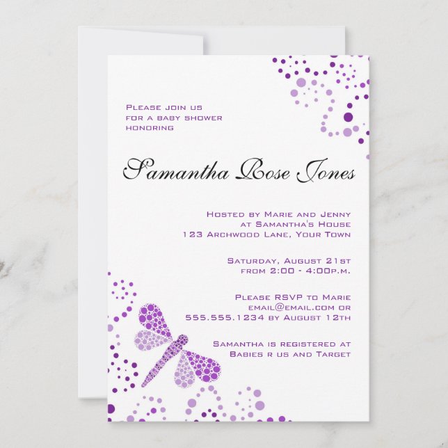 Invitación Baby Shower Elegante de émbolo morado y blanco (Anverso)