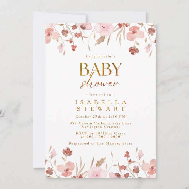 Invitación Baby Shower elegante de flor silvestre rosa Rubor  (Anverso)
