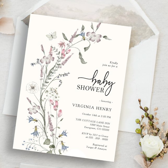 Invitación Baby Shower elegante de flores silvestres (Subido por el creador)