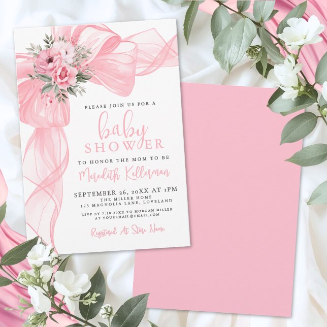 Invitación Baby Shower Elegante de Lazo Rosa (Elegant Pink Bow Baby Shower Invitation)