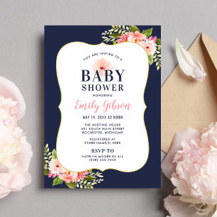 Invitación Baby Shower Elegante de Niña con Flores en Azul Ma