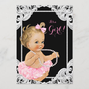 Invitación Baby Shower Elegante de Niña con Perlas Rosadas y