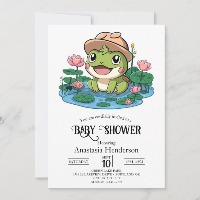 Invitación Baby Shower elegante de rana feliz (Anverso)