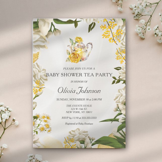 Invitación Baby Shower Elegante de Té Floral en Verde Amarill (Subido por el creador)