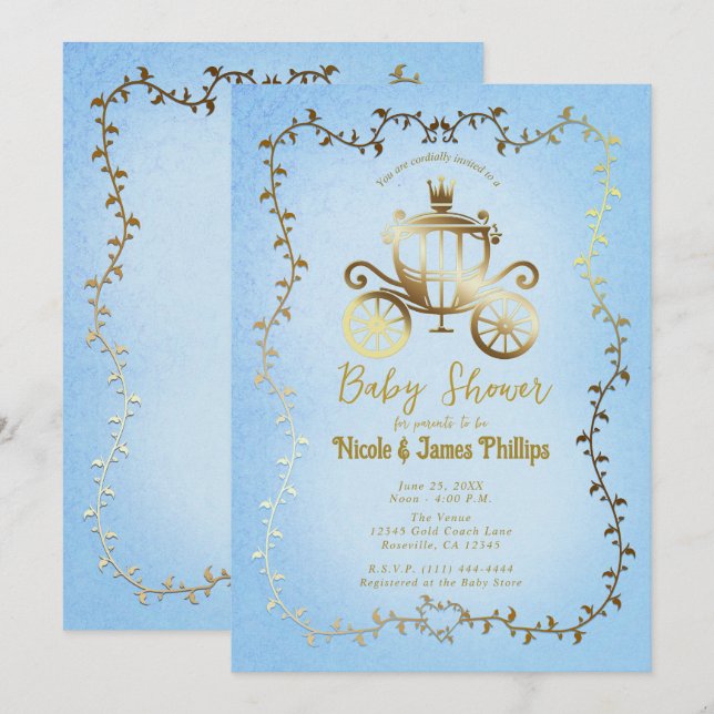 Invitación Baby Shower elegante Gold Carriage Blue Storybook (Anverso / Reverso)