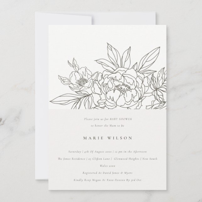 Invitación Baby Shower Elegante Minimal de dibujo floral marr (Anverso)