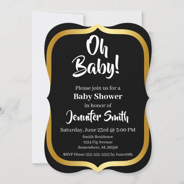 Invitación Baby Shower elegante negro y dorado (Anverso)