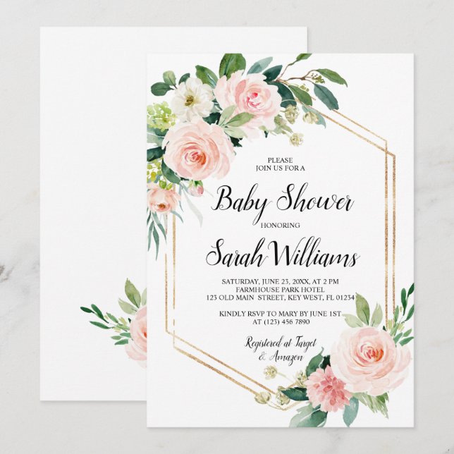 Invitación Baby Shower elegante rosa rosa de Rubor (Anverso / Reverso)
