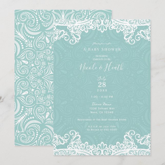 Invitación Baby Shower Elegante Turquesa y Blanco con Encaje (Anverso / Reverso)