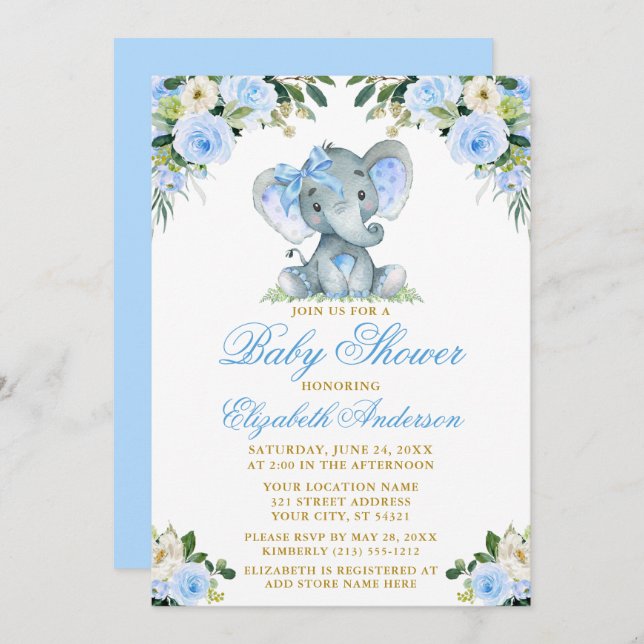 Invitación Baby Shower Elephant Bow Blue Floral Gold (Anverso / Reverso)