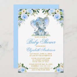Invitación Baby Shower Elephant Bow Blue Floral Gold