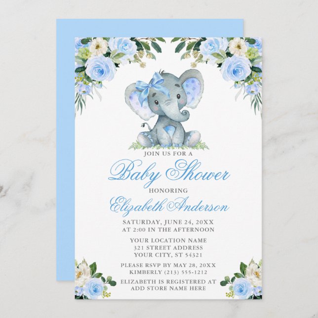 Invitación Baby Shower Elephant Bow Blue Floral Silver (Anverso / Reverso)