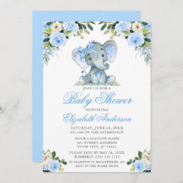 Invitación Baby Shower Elephant Bow Blue Floral Silver