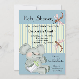 Invitación Baby Shower Elephant Dragonfly Blue Stripe