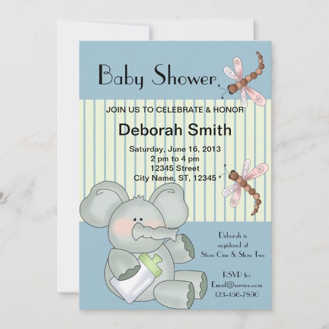 Invitación Baby Shower Elephant Dragonfly Blue Stripe (Anverso)