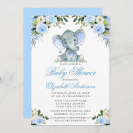 Invitación Baby Shower Elephant Watercolor Blue Floral Silver