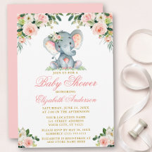 Baby Shower Elephant Watercolor Pink Floral Gold