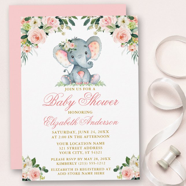 Invitación Baby Shower Elephant Watercolor Pink Floral Gold (Customize to change text color, style, add text & photos to back or change color of back of card.)