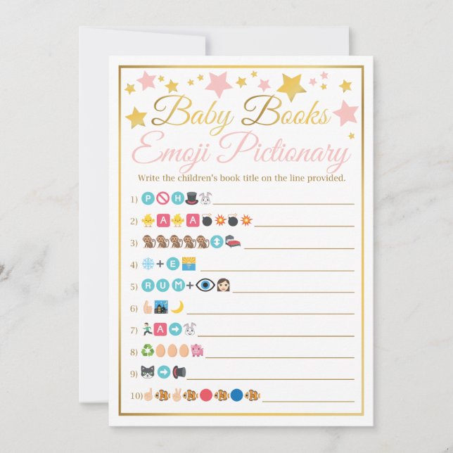 Invitación Baby Shower Emoji Pictionary Game Pink Gold Stars (Anverso)