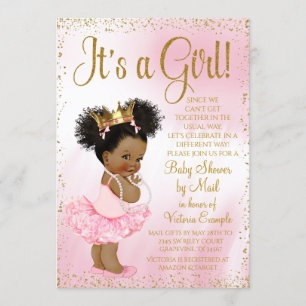 Invitación Baby Shower en Auto Pink Gold Tutú Princesa Afroam