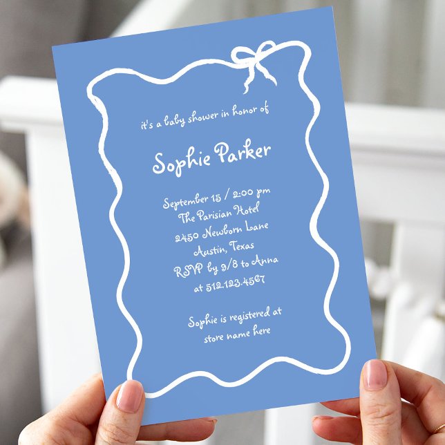 Invitación Baby Shower en blanco y azul Bow francés ilustrado (Subido por el creador)