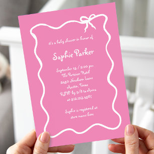 Invitación Baby Shower en blanco y rosa de color francés ilus