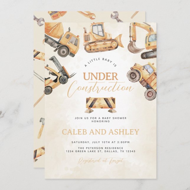 Invitación Baby Shower en construcción (Anverso / Reverso)