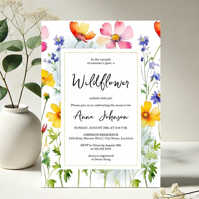 Invitación Baby Shower en flor silvestre (Vibrant and elegant blooming wildflower baby shower invitation front view)