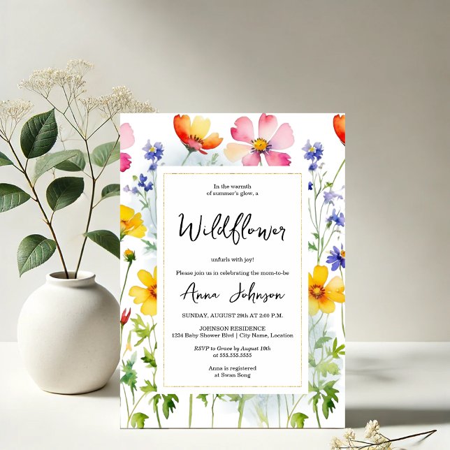 Invitación Baby Shower en flor silvestre (Vibrant and elegant blooming wildflower baby shower invitation front view)