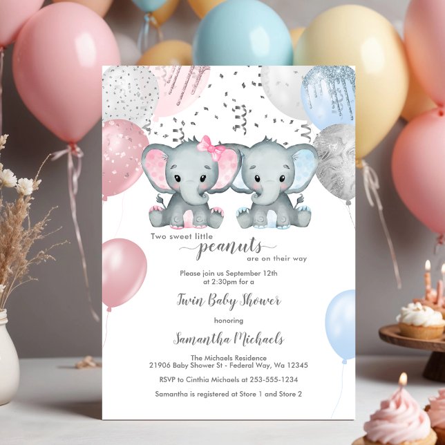 Invitación Baby Shower en globo gemelo de elefante lindo (Cute Elephant Twin Balloon Baby Shower Invitation)